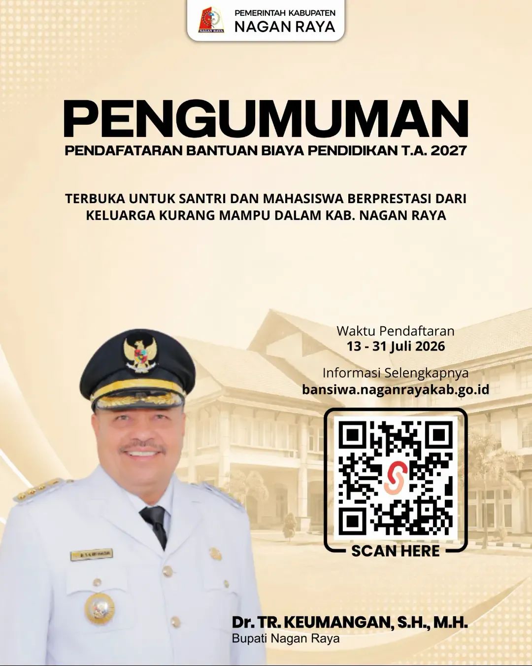 Pemkab Nagan Raya Buka Pendaftaran Bantuan Biaya Pendidikan TA 2027 bagi Mahasiswa Berprestasi dan Santri