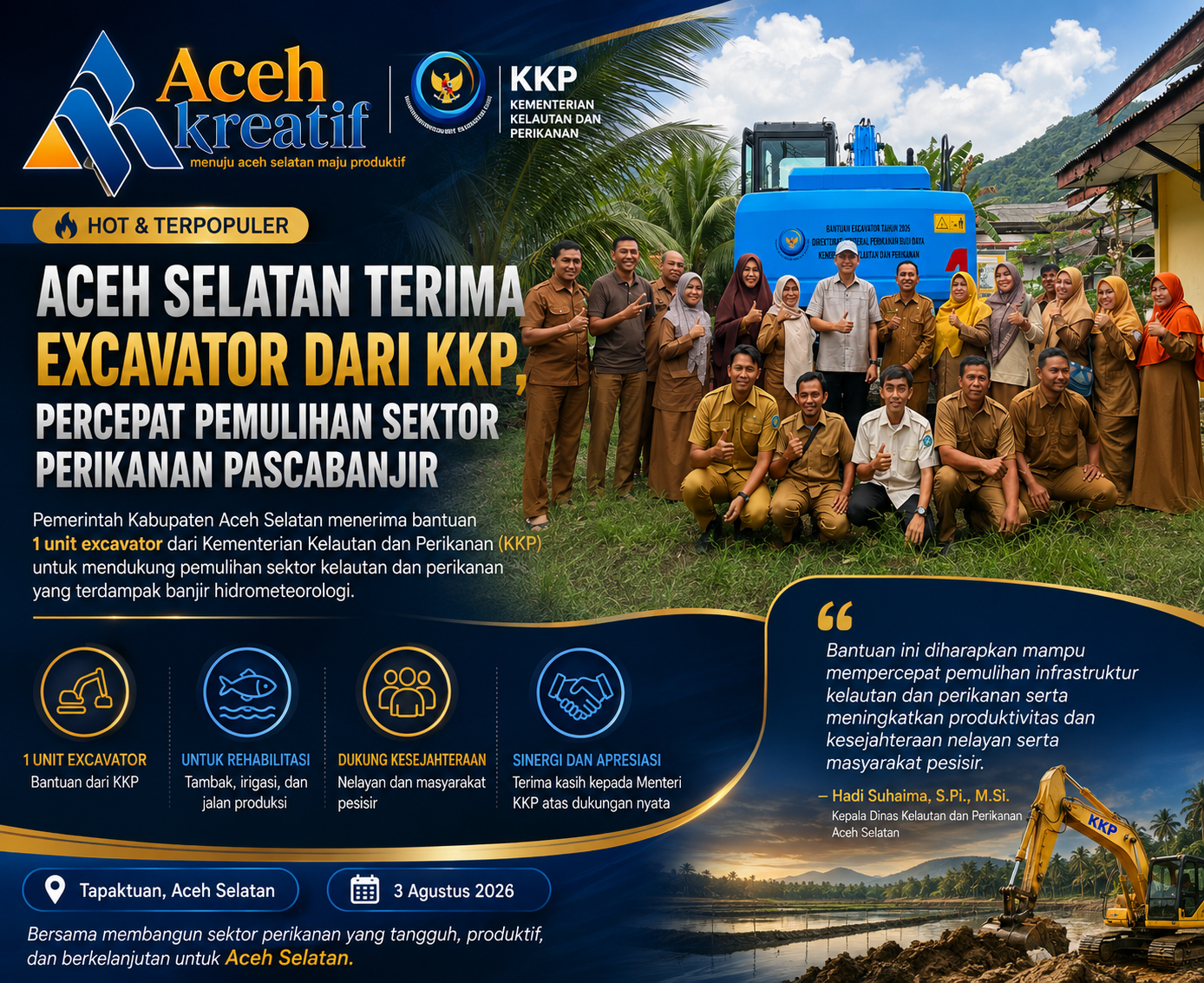 Aceh Selatan Terima Excavator dari KKP, Percepat Pemulihan Tambak dan Infrastruktur Pascabanjir