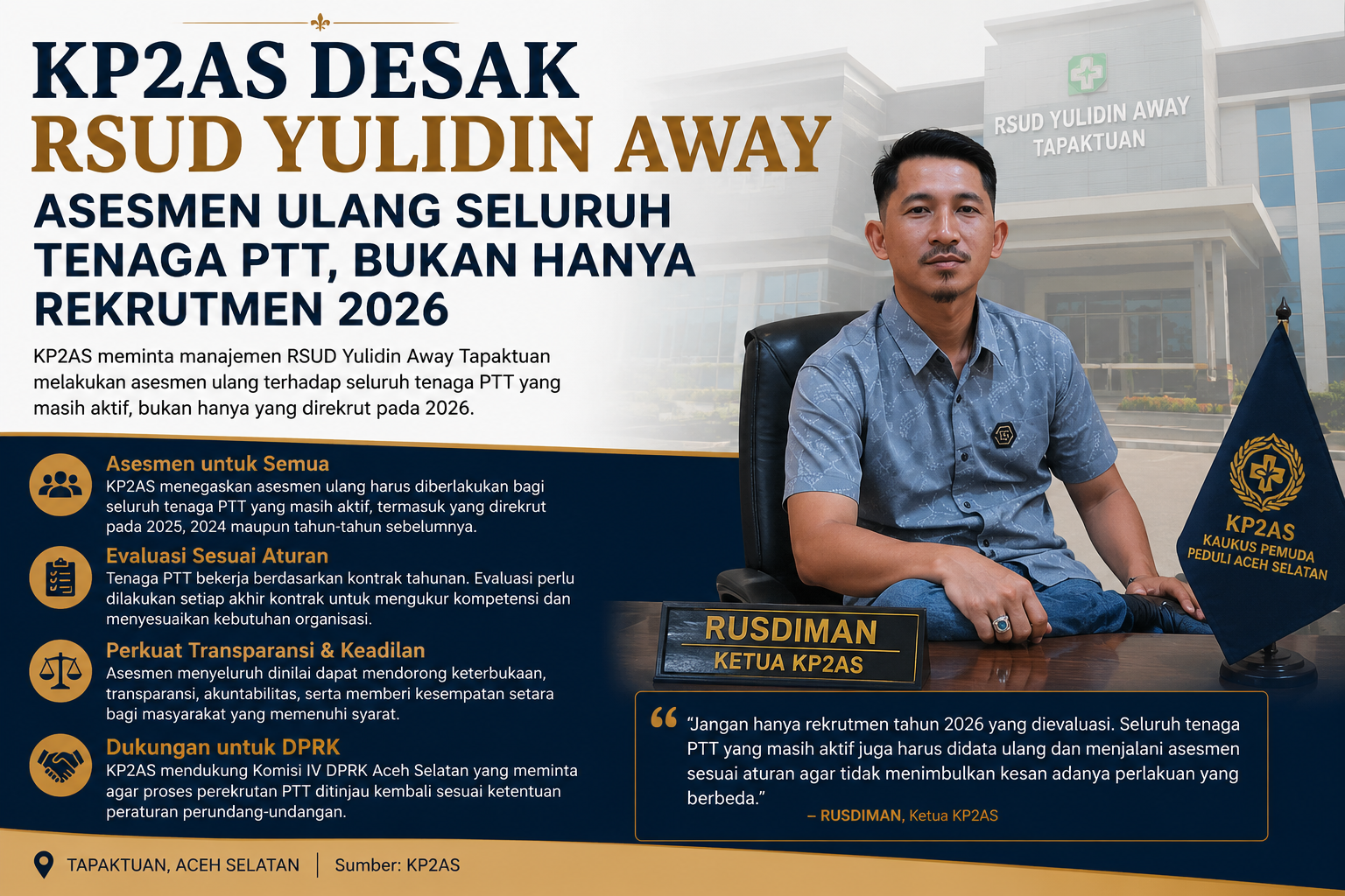 KP2AS Desak RSUD Yulidin Away Asesmen Ulang Seluruh Tenaga PTT, Bukan Hanya Rekrutmen 2026