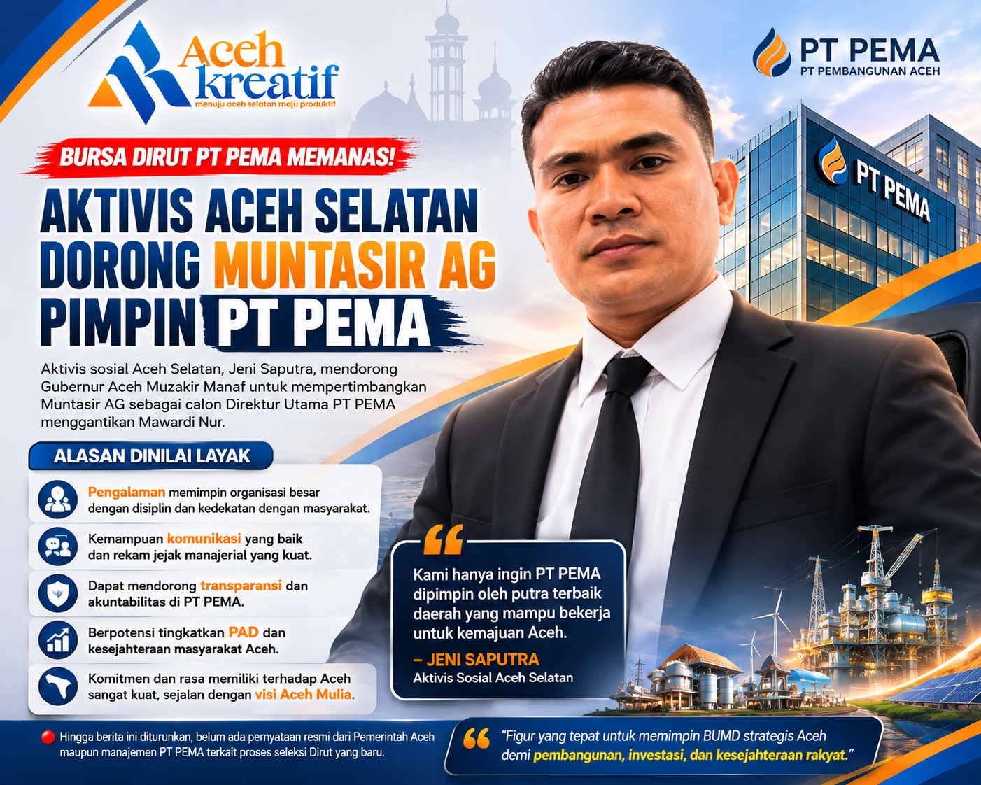 Aktivis Aceh Selatan Dorong Muntasir AG Jadi Dirut PT PEMA, Dinilai Punya Pengalaman dan Legitimasi