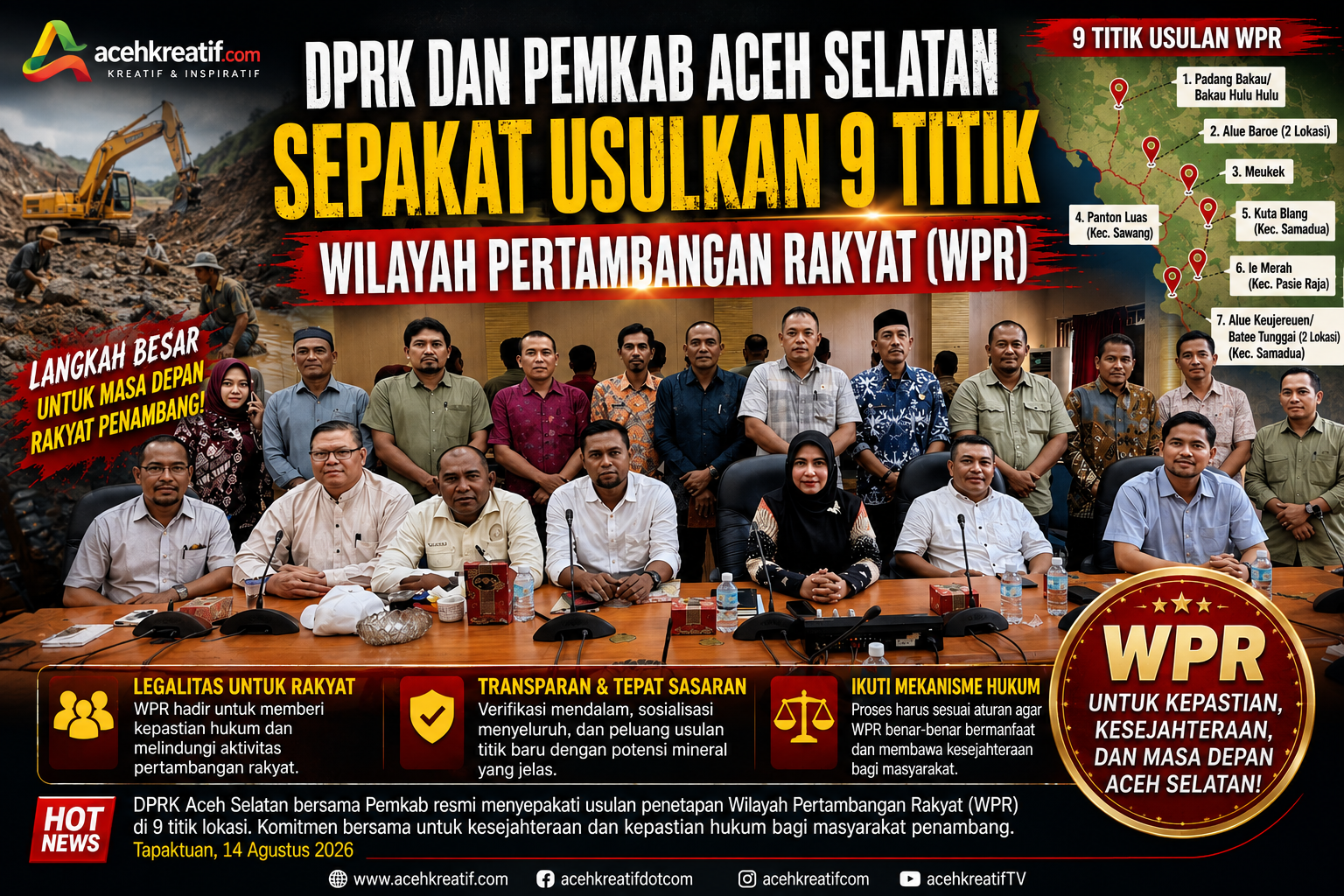 DPRK Aceh Selatan dan Pemkab Sepakati Usulan 9 Titik WPR, Tambang Rakyat Segera Didorong Legal