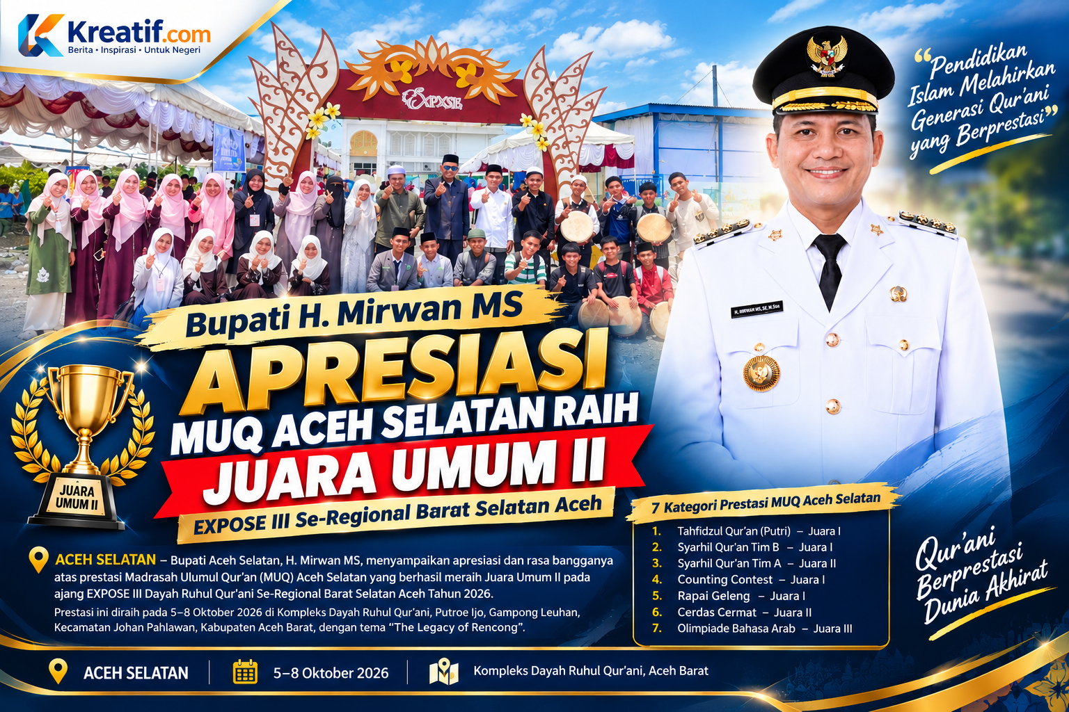 Bupati Mirwan Apresiasi Prestasi MUQ Aceh Selatan, Santri Ukir 7 Capaian Membanggakan